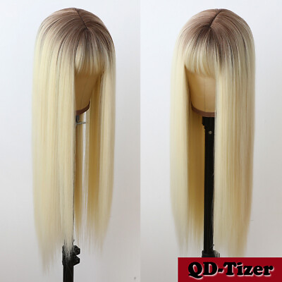 #ad Women Ombre Brown Blonde Synthetic Long Straight Wig Cosplay Hair Wig Full Bangs $17.42