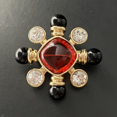#ad Maltese Cross Brooch Gripoix Style Jeweled Rhinestone Gold Tone Vtg Pin $27.99
