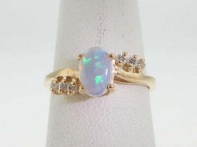 #ad Play of Color Jelly Opal Genuine Diamonds Solid 14K Yellow Gold Ring FREE Sizin $395.00