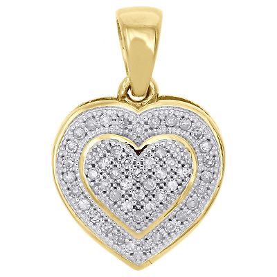 #ad 10K Yellow Gold Real Diamond Double Frame Heart Design Pendant Pave Charm 1 6 CT $235.00