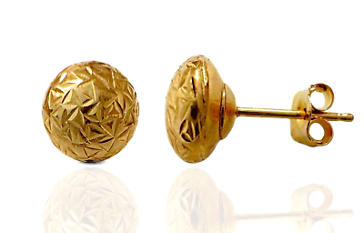 #ad 14k Solid Yellow Gold Crystal Cut Flat Ball Stud Earrings For Women Girls $47.99
