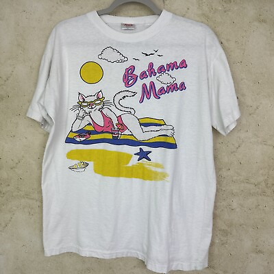 #ad Vintage Bahama Mama Sexy Cat Unisex Large T Shirt White Sunbathing Beach Kitty $22.00