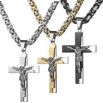 #ad Hot MEN Byzantine Chain Stainless Steel Black Gold Silver Cross Pendant Necklace $10.44