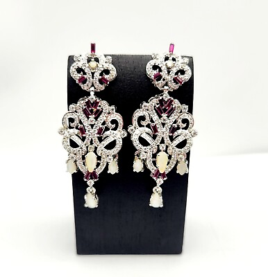 #ad Vintage Sterling Silver Chandelier Pink Gemstone Statement Dangle Earrings $37.00