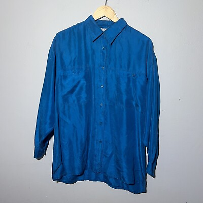 #ad Via Max 100% Silk Button Down Long Sleeve Shirt in Teal Blue Vintage Size L $15.00