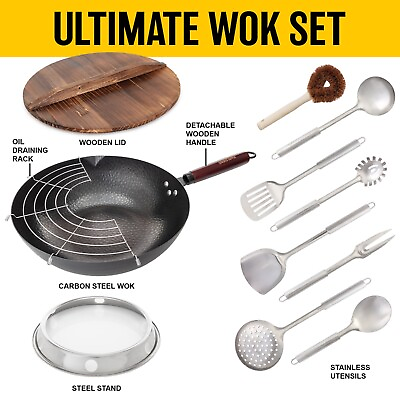 #ad #ad 12 in Carbon Steel Wok Flat Bottom with Wooden Lid amp; Cooking Utensils Non Stick $14.95