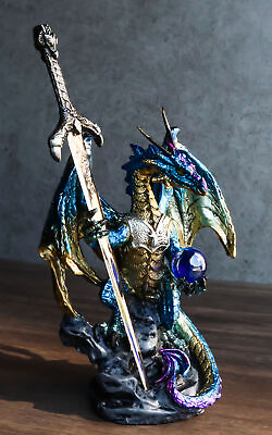 #ad Blue Metallic Ice Knight Dragon With Orb and Gothic Sword Letter Opener Figurine $23.99