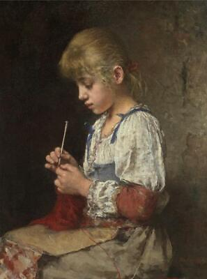#ad Oil painting Alexei Harlamoff Portrait of a young girl do knitting by hand art $81.99