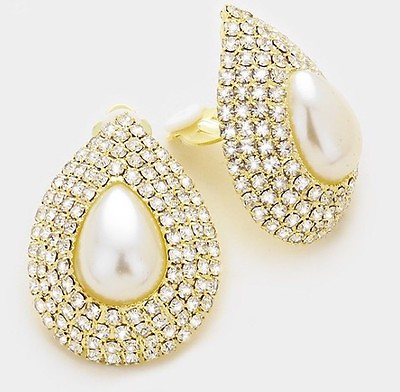 #ad Big Clip On Stud Pearl Cream Gold Clear Crystal Rhinestone Earrings $14.00