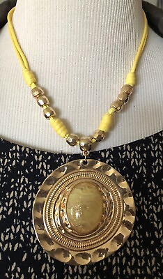 #ad C1946 Knotted Cord Necklace Large Pendant Yellow Stone Gold Toned 17” $7.99
