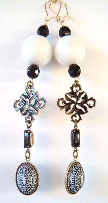 #ad Vintage Earrings Black White Brass Statement Dangle Long Deco Victorian Inspired $17.99