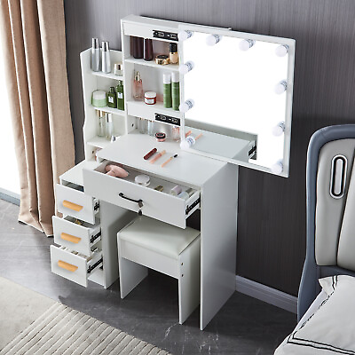 #ad 4 Drawers Vanity Set with LED Lighted Mirror Makeup Dressing Table Dresser Desk $129.86