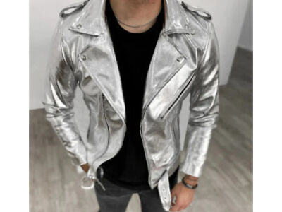 #ad Mens Leather Jacket Silver Metallic Belted Moto Biker Jacket Shiny Metallic Coat $69.99