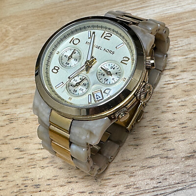 #ad Michael Kors Quartz Watch Lady Gold Tone Faux Marble Chronograph New Battery 6quot; $34.99