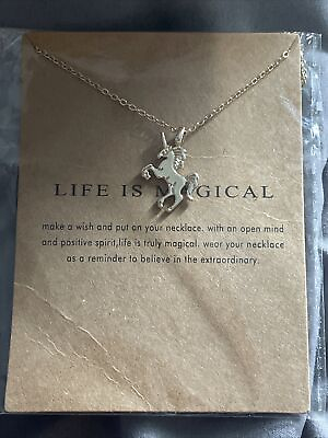 #ad Unicorn Wish Necklace Life is Magical Silver Metal Dainty Minimal Gift New $7.99