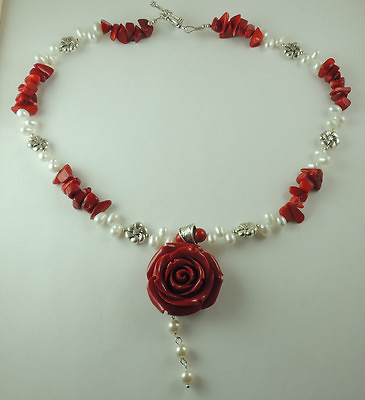 #ad Red Coral amp; Pearl Necklace with Red Rose flower Handcrafted Mother of Bride $78.00