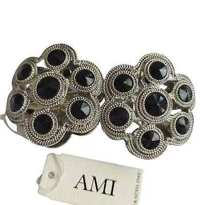 #ad AMI New Silver Tone Black Stone Large Bold Stretch Bracelet Lead Nickel Free $12.49