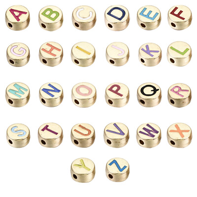 #ad 10pcs 8mm Letter A Z Alloy Enamel Beads Flat Round Alphabet Metal Loose Spacer $6.56