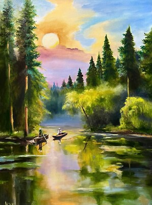 #ad Original painting 18x24 inches Green Forest Landscape with Lake and Fishermen $79.00