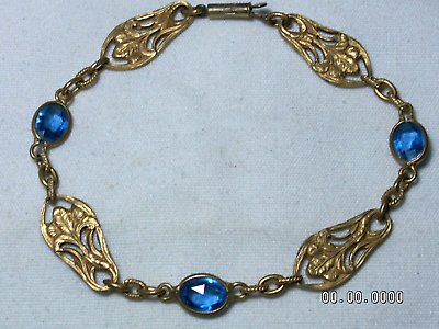 #ad ...Antique Art Deco Gold Tone Floral PanelsBlue Glass Bracelet... $29.97