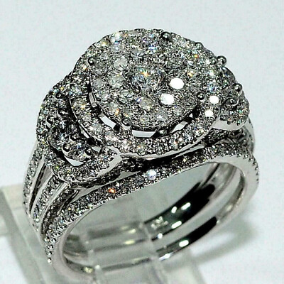 #ad 14K White Gold Plated 3Ct Round Simulated Diamond Wedding Bride Ring Elegant Set $188.99