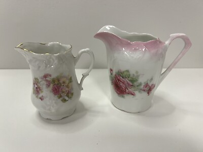 #ad 2 Vintage or Antique Porcelain Creamers Bavaria Germany Floral w Pink Roses $8.40
