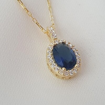 #ad 1.15 Cts Natural Blue Sapphire amp; Diamond Halo Pendant Necklace 14K Yellow Gold $517.49