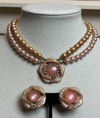 #ad Vintage 40’s Haskell Style Choker Necklace Earrings Pink Faux Pearl Rhinestone $49.00