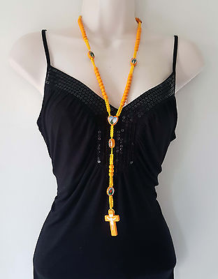 #ad Gorgeous 24quot; long neon orange wood bead decade rosary saint bead necklace GBP 1.59