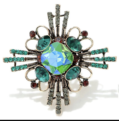 #ad Silver Tone Maltese Cross Brooch Crystal Jewel Multicolor Vtg Ornate Pin Pendant $17.95