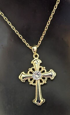 #ad 14k gold cross pendant with simulated diamond and 18quot; chain Lifetime Guarantee $25.99