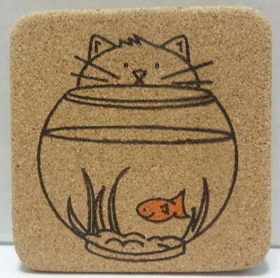 #ad 4 Coasters Cat amp; Goldfish Set of Cork amp; Felt Handmade New Cat Lover Gift $11.15