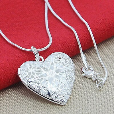 #ad 925 Sterling Silver Heart Locket Photo Pendant Snake Necklace Chain Accessories $11.14