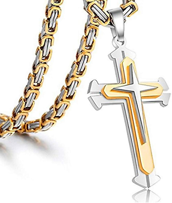 #ad Jewelry Stainless Steel Cross Pendant Necklace Mens Boys Chain 5Mm Byzantine Gol $26.01