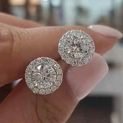 #ad Silver Color Crystal Round Stud Earrings White Zircon Stone Earrings for Women $9.57