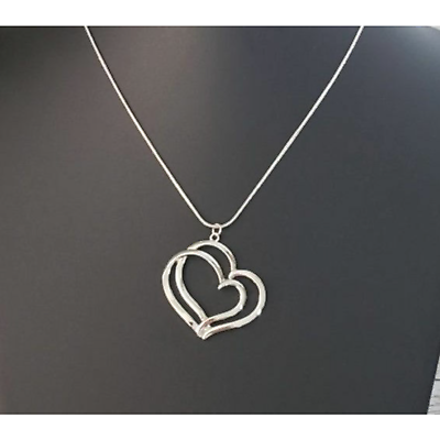 #ad Double Heart Pendant Necklace Silver Tone Brand New $13.99