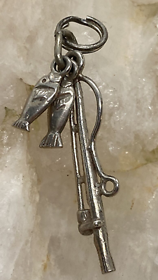 #ad Vintage Fishing Pole With 2 Fish Charm Sterling 925 Silver 1.3g Sport Fish $18.33