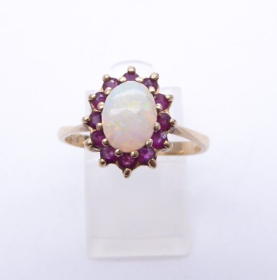 #ad Vintage 9ct Yellow Gold Opal Ruby Cluster Ring – Size Q GBP 225.00
