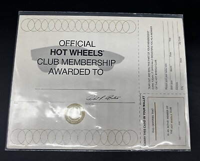 #ad 1970 Hot Wheels Redline Club Car Certificate unsigned Blank And Mint $155.00