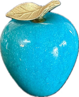 #ad Vintage Marble Apple Paperweight Turquoise With Brass Stem Heavy $9.99