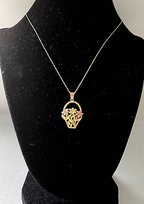 #ad 14k Tri Color Gold Flower Basket Pendant Rose White Yellow Gold on 18” 14k Chain $249.00
