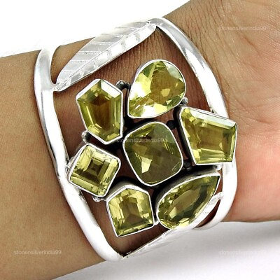 #ad Natural Lemon Topaz Gemstone Cuff Vintage Yellow 925 Sterling Silver Jewelry Q2 $165.05