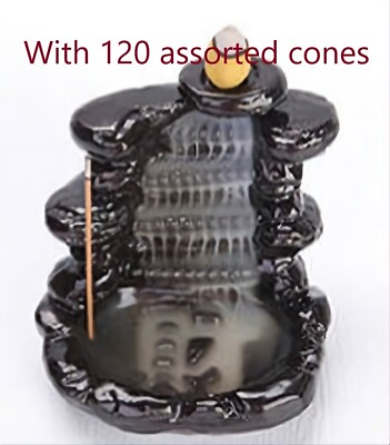 #ad WATERFALL BACKFLOW BURNER WITH 120 Assorted INCENSE CONES Round River Rocks $12.34