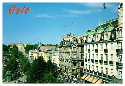#ad Oslo Norway Karl Johan Ave Royale Palace Chrome Postcard Cancel Posted WOB $3.04