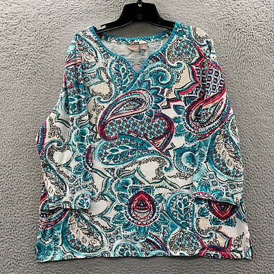 #ad CHICOS Blouse Womens Size 3 XL Top Paisley 3 4 Sleeve White Blue $16.95