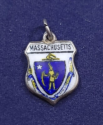#ad Massachusetts US State Enamel Shield Travel Bracelet Charm Sterling Silver $26.99