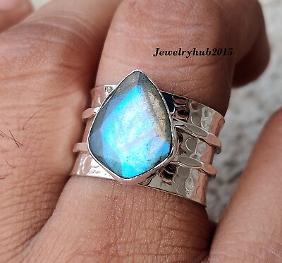 #ad Blue Flash Labradorite Ring Solid 925 Sterling Silver Gift item All Size MO2007 $16.99