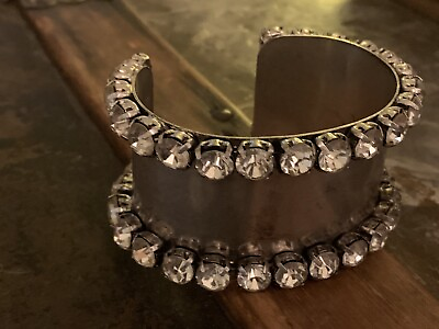 #ad Gunmetal LARGE 40 Lg Clear Prong Set Rhinestone Cuff Bracelet Vintage Brutalist $58.00