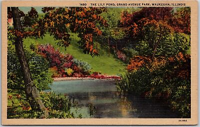 #ad Waukegan Illinois ILL The Lily Pond Grand Avenue Park Vintage Postcard $8.05