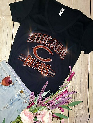 #ad Chicago Bears New Rhinestone Womens VNeck Tshirt Sizes SM 4X Womens sizing $26.00